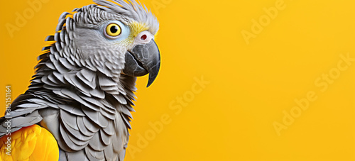 grey and yellow parrot against a yellow background, banner with copy space