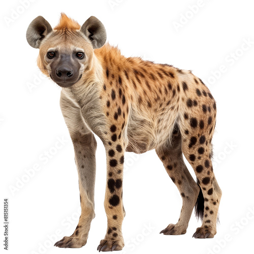 A spotted hyena is standing in front of a plain Png background, a spotted hyena isolated on transparent background