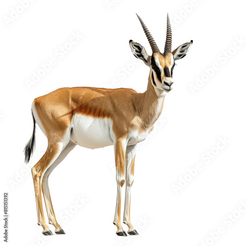 A gazelle stands gracefully against a plain white backdrop in a striking pose, a springbok isolated on transparent background