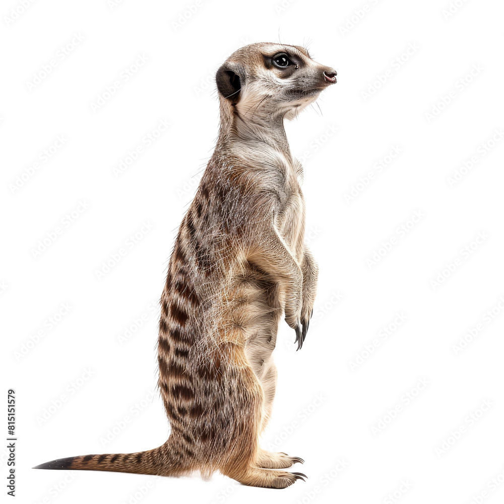 A meerkat standing upright in front of a blank white backdrop, a ...