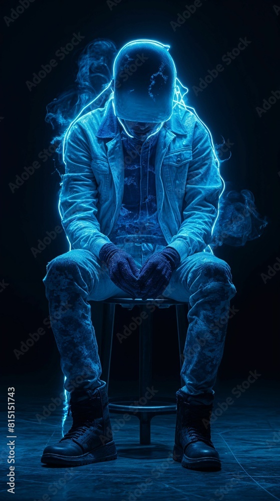 A man illuminated with electricity sitting on a chair in the dark.. A man illuminated with electricity sitting on a chair in the dark..