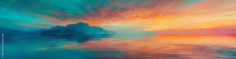 panoramic view of the sea, colorful sunset sky, mountainous horizon in the background Generative AI