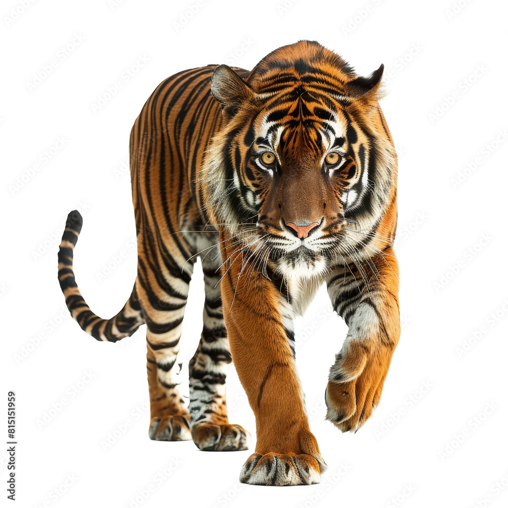 A Sumatran tiger confidently strides forward on a plain Png background, a Sumatran Tiger Walking Forward on transparent background A Sumatran tiger confidently strides forward on a plain Png background, a Sumatran Tiger Walking Forward on transparent background