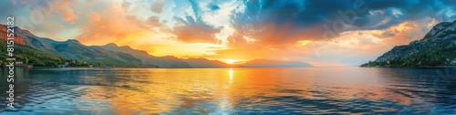 panoramic view of the sea  sunset with orange and blue sky  green mountains in the distance  blue water surface  panoramic photography Generative AI