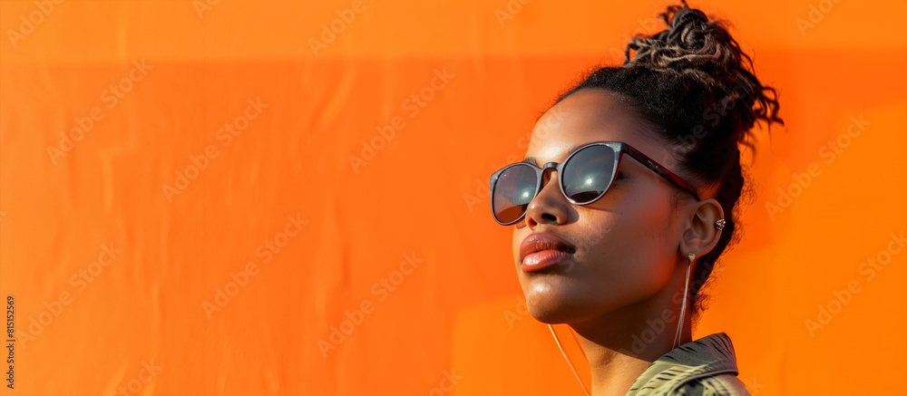 A woman with a sun visor and sunglasses is standing in front of an orange wall. Portrait of a cool and modern black woman with sunglasses in front of a orange wall background with copy space A woman with a sun visor and sunglasses is standing in front of an orange wall. Portrait of a cool and modern black woman with sunglasses in front of a orange wall background with copy space