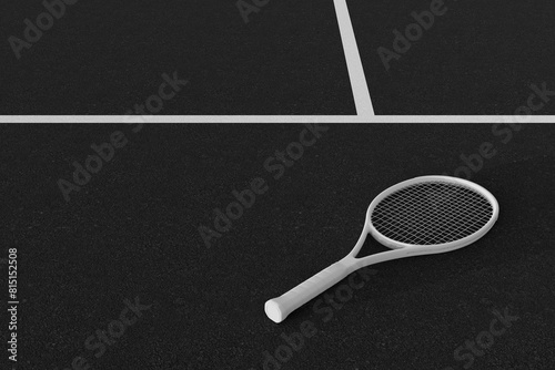 White tennis rackets on black hard tennis court. White lines. Sports equipment. Copy space.   © Ian