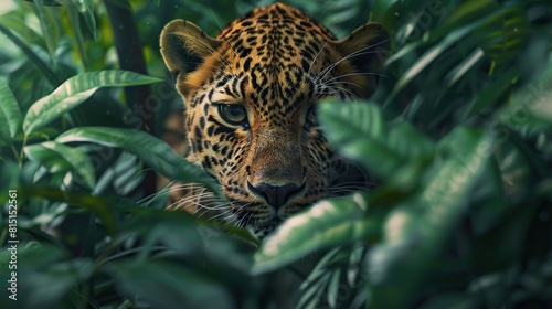 A jaguar is hiding in the dense foliage of a jungle  only its face is visible.  