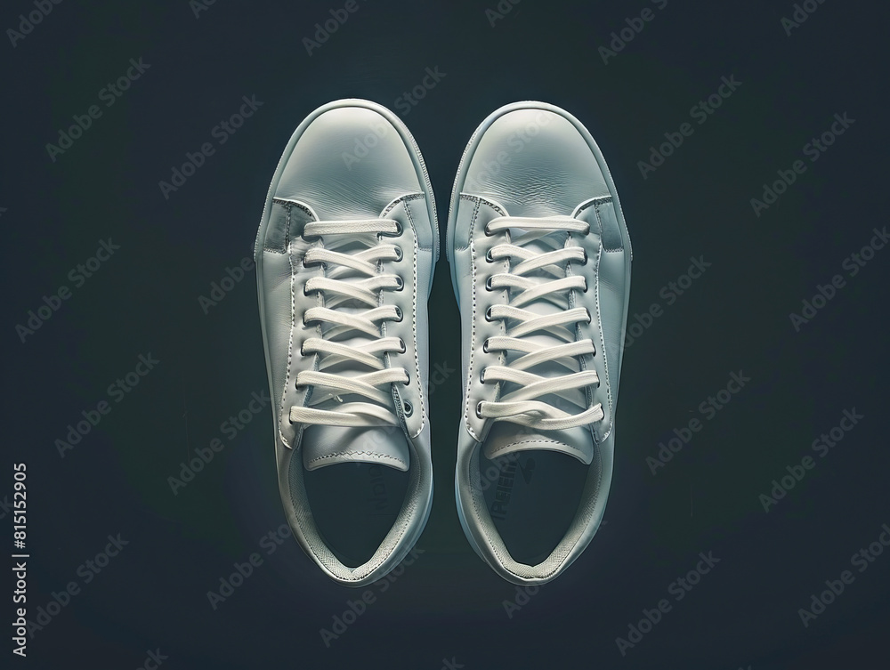 A pair of white sneakers on a black background. A pair of white sneakers on a black background.