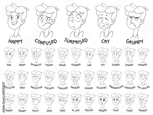 Set of different emotions boy character. Kids emoji with various facial expressions. Vector illustration in cartoon style. Isolated white background. Black and white cartoon character. Sticker pack