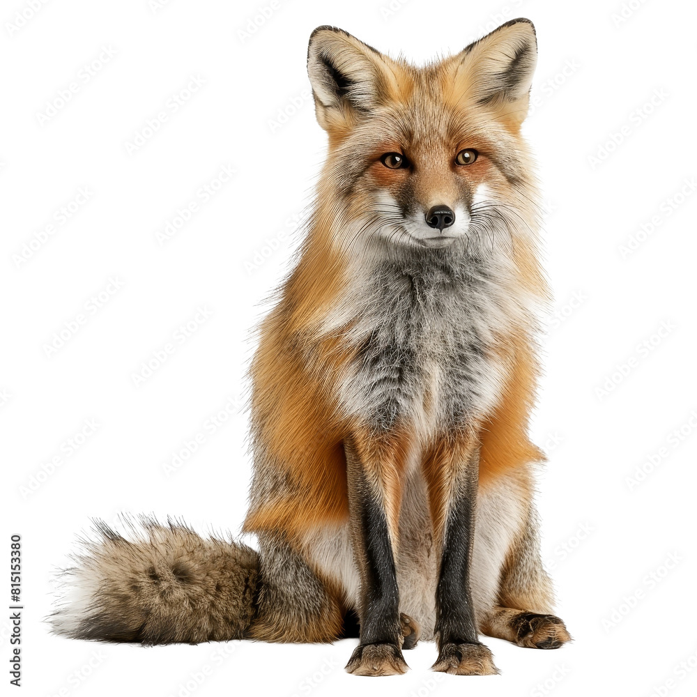 A red fox is seated in front of a Png background, a tibetan fox isolated on transparent background