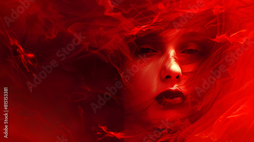 A woman's face is shown in a red background with smoke. The woman is wearing a red dress and has red lips. The image has a dark and mysterious mood, with the red background. surreal woman in red