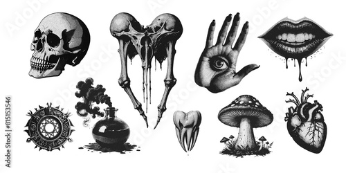 Esoteric witchcraft mystical set: skull, amulet, heart, potion etc. Black and white halftone paper, png isolated background