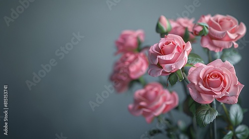 Beautiful Pink Roses with Green Leaves on Blue Background  Soft Light  Romantic Style  Elegant Floral Arrangement  Minimalist  Copy Space