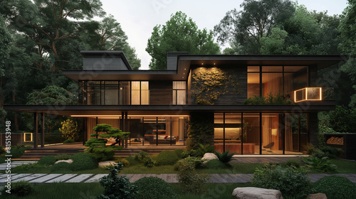 a detailed architectural rendering of a modern house, showcasing sleek design, lush landscaping, and realistic lighting and textures