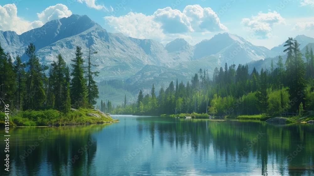 A lake sits nestled among towering mountains and lush trees in this breathtaking natural landscape