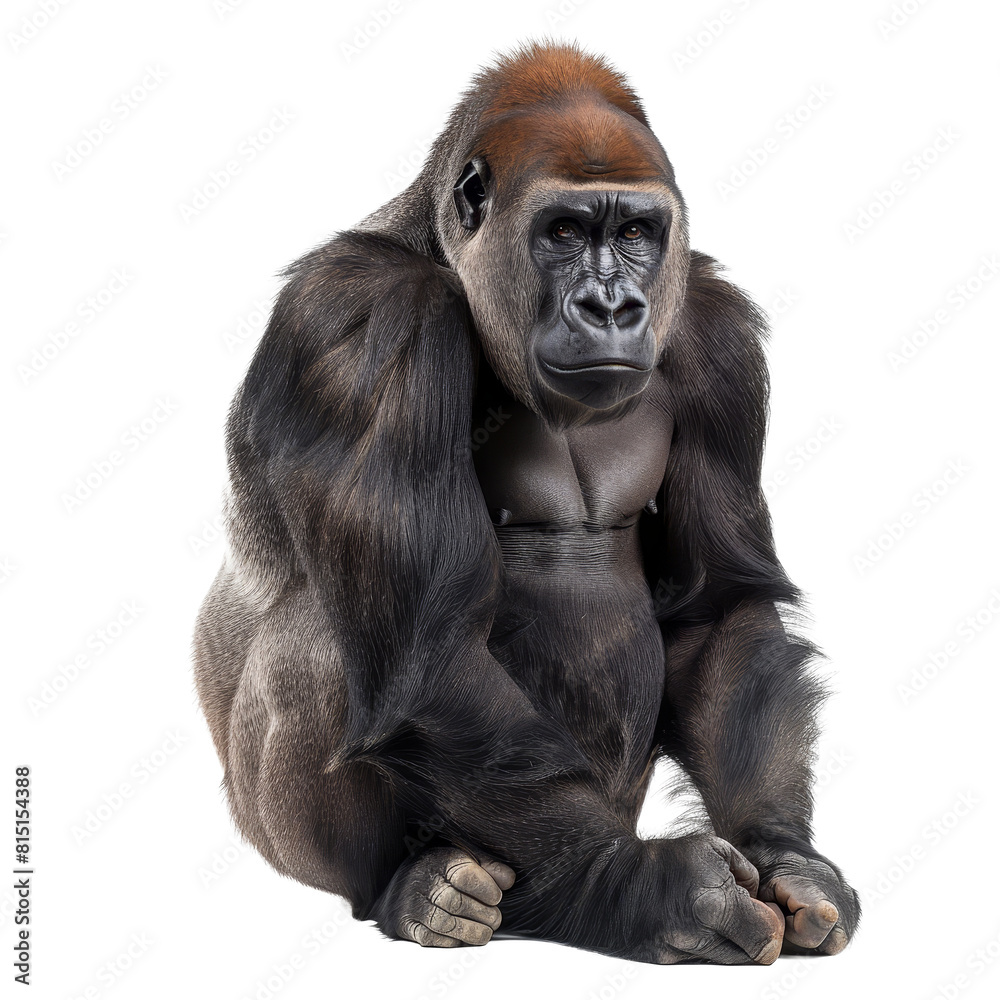 Western lowland gorilla sitting in a relaxed pose in front of a plain Png background, a western lowland gorilla isolated on transparent background Western lowland gorilla sitting in a relaxed pose in front of a plain Png background, a western lowland gorilla isolated on transparent background
