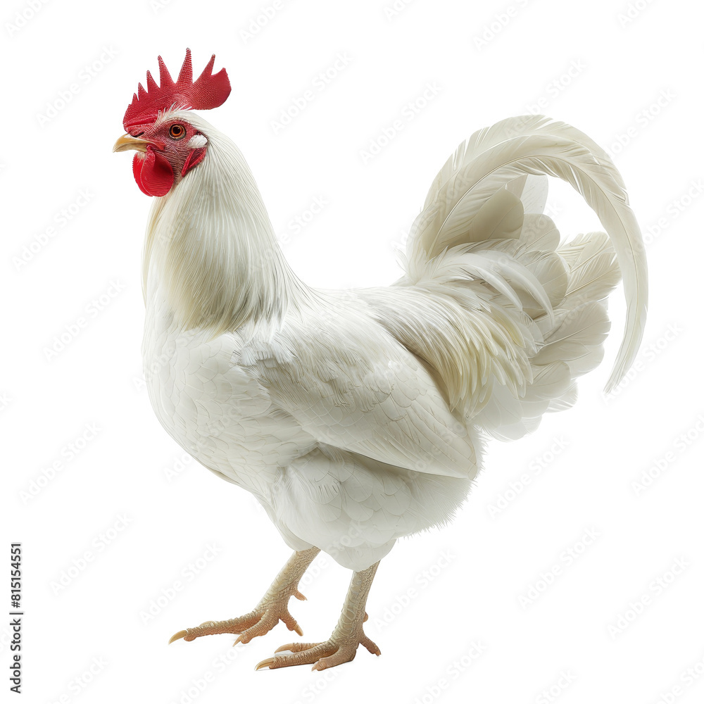 Fototapeta premium A white rooster stands on a plain Png background, showcasing its feathers and features, a White chicken isolated on transparent background