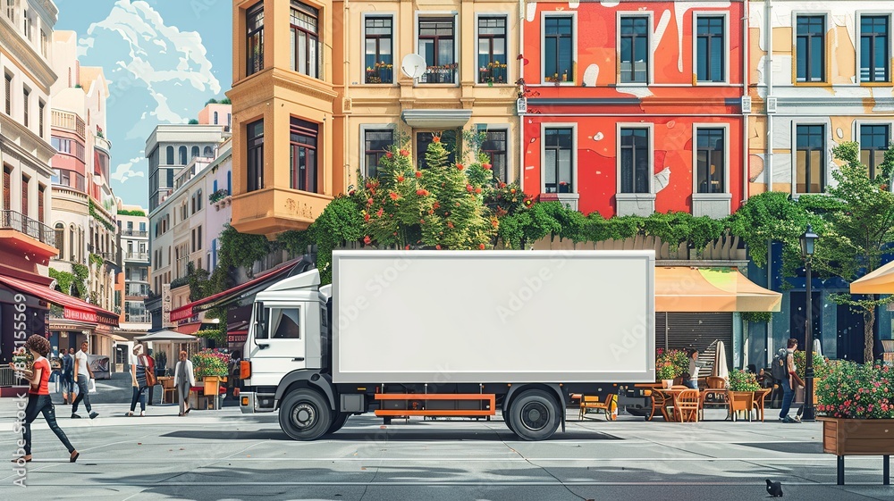 This image showcases a realistic food delivery truck in action, capturing the essence of modern urban logistics and food transportation. This image showcases a realistic food delivery truck in action, capturing the essence of modern urban logistics and food transportation.