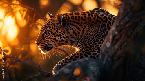 A leopard is lying on a tree branch with the sun setting in theol al atardecer, fotografÃ­a profesional grandes felinos, creado con IA generativa --ar 16:9 Job ID: d2faf1a5-0921-4210-8be9-06a9e6b780d0