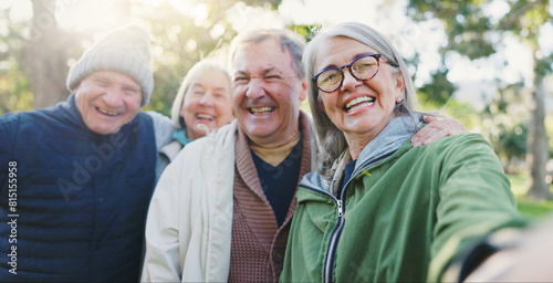 Park selfie, face and senior happy friends bonding, support and smile for reunion memory photo of old woman, man or club. Happiness, portrait photography or elderly group for winter profile picture