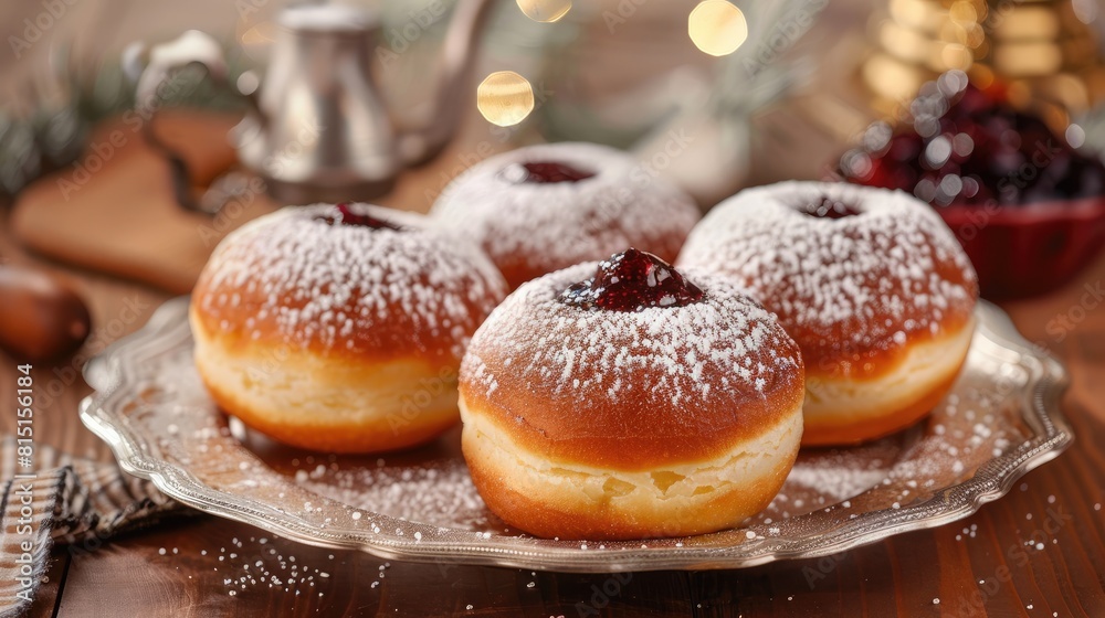 Indulge in the delightful Hanukkah treat of sufganiyot pillowy doughnuts bursting with sweet jam and dusted with powdered sugar Indulge in the delightful Hanukkah treat of sufganiyot pillowy doughnuts bursting with sweet jam and dusted with powdered sugar