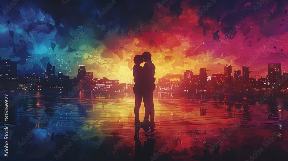 Two men hug against the background of the LGBT Pride Day flag art