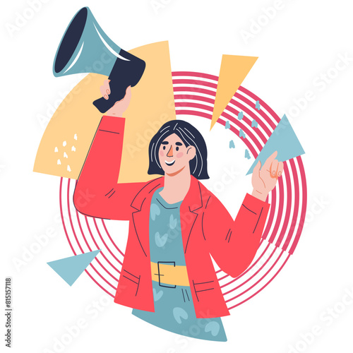 SMM Inbound marketing strategy for businesses. Digital and social marketing to attract customers, flat vector illustration isolated on white background. Businesswoman makes an announcement.
