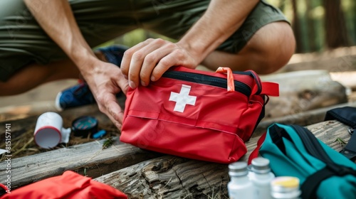 A male individual is assembling a first aid kit amidst the trees and foliage of a woodland setting. photo