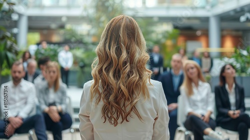 Female business leader addresses businessmen during a corporate meeting or training lecture. A panorama view shows a woman in business attire speaking to a group of people in a modern business