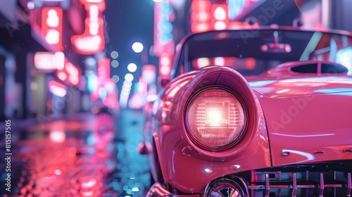 A vintageinspired record cover showcasing a classic car on a neonlit street, capturing the essence of the 80s photo