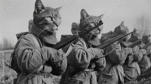 humanoid Cat Army againts germans, active fight, 1945, Old photo --ar 16:9 Job ID: a838d569-68c3-4c83-9b62-81d530545aee