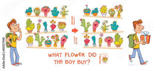 Find the differences puzzle game. What flower did the boy buy? Find hidden objects in the picture. Puzzle Hidden Items. Educational game for children. Cartoon characters. Attention task. Worksheet