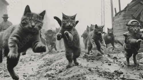 humanoid Cat Army againts soviet union, active fight scene , 1945, Old photo --ar 16:9 Job ID: ee1468cd-7805-4dd4-a18c-5dbd8bf895af