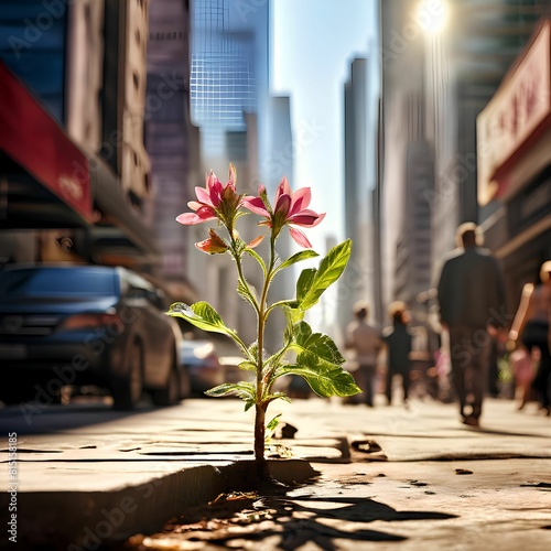 Plant growing out of a crack in a busy city. Representing growth despite circumstances. photo