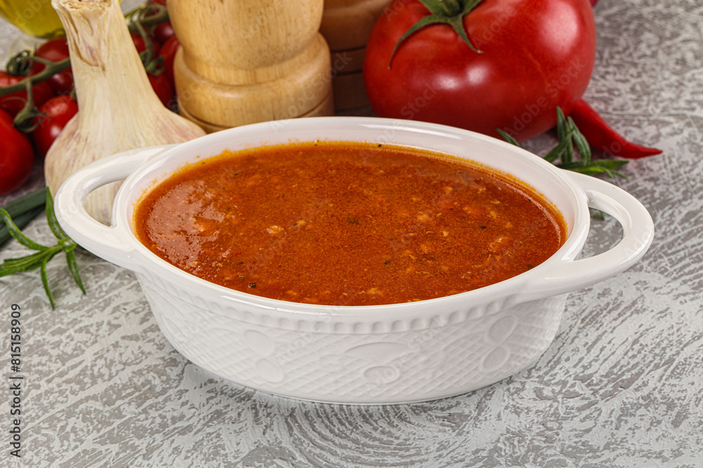 Hot tomato soup with diced chicken Hot tomato soup with diced chicken