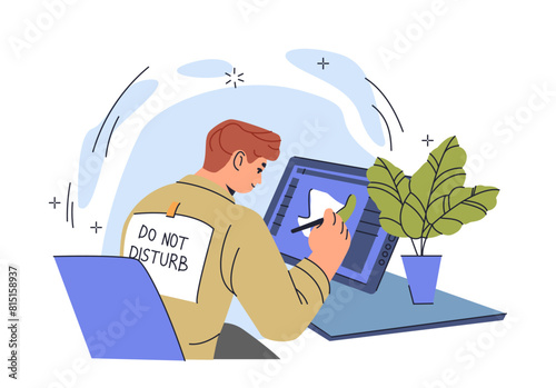 Person using a digital tablet for graphic design, vector illustration on a light background, concept of efficiency, concentration, high productivity, creative work