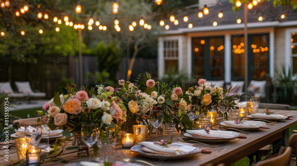 A table is arranged in a backyard with string lights illuminating the area, creating a cozy and inviting ambiance for outdoor gatherings. A table is arranged in a backyard with string lights illuminating the area, creating a cozy and inviting ambiance for outdoor gatherings.