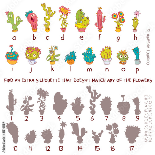Find an extra silhouette that does not match any of the flowers. Educational game for kids. Attention task. Choose right silhouette. Funny cartoon character. Worksheet page. Cactus vector illustration