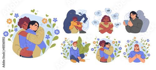 Mental health problems, psychological disorders, treatment techniques and approaches. Different people expressing emotions. Concept of psychology, mental health and support. Set of vector illustration