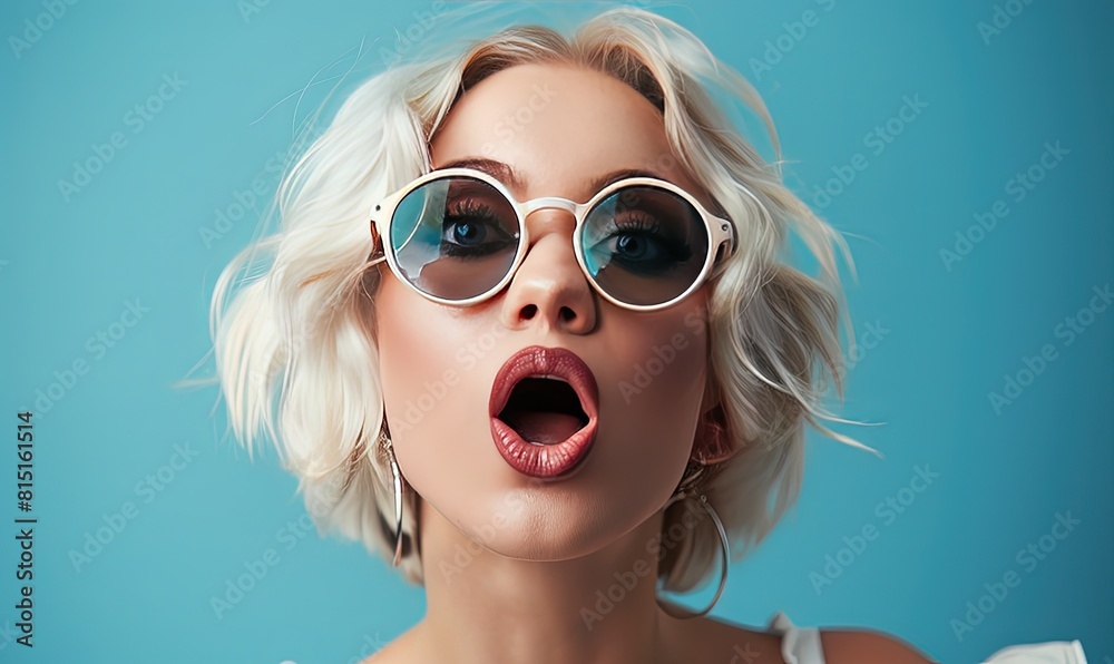 A woman with white hair and sunglasses making a funny face