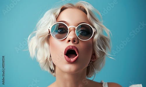 A woman with white hair and sunglasses making a funny face