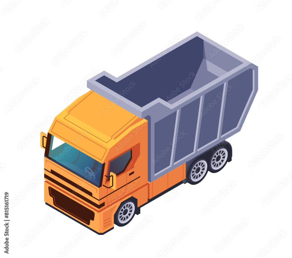 Isometric vector illustration of an orange dump truck isolated on a white background, depicting transportation concept Isometric vector illustration of an orange dump truck isolated on a white background, depicting transportation concept