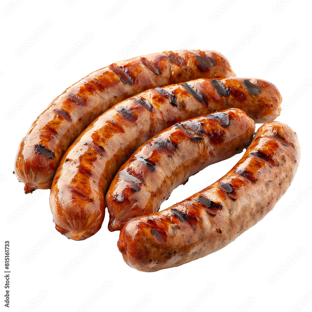 Three cooked sausages with grill marks on a Png background, Grilled sausage isolated on a transparent background Three cooked sausages with grill marks on a Png background, Grilled sausage isolated on a transparent background