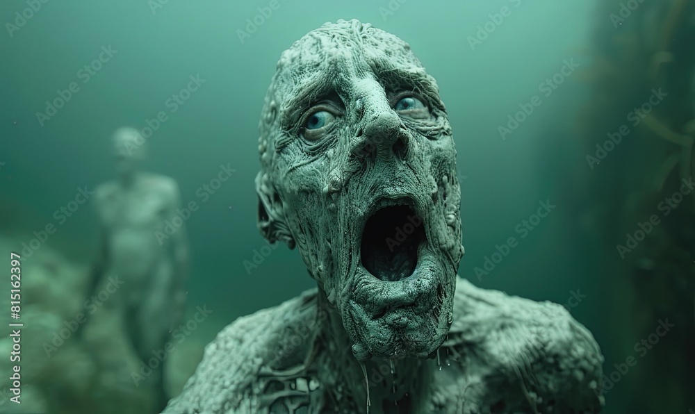 A stone sculpture of a man in terror on the ocean floor A stone sculpture of a man in terror on the ocean floor