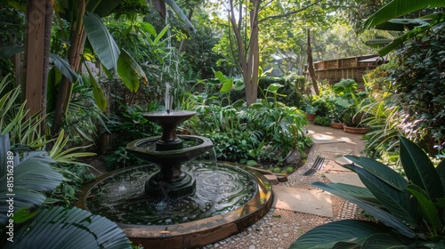 A tropical garden featuring lush greenery with a fountain as its central focal point.