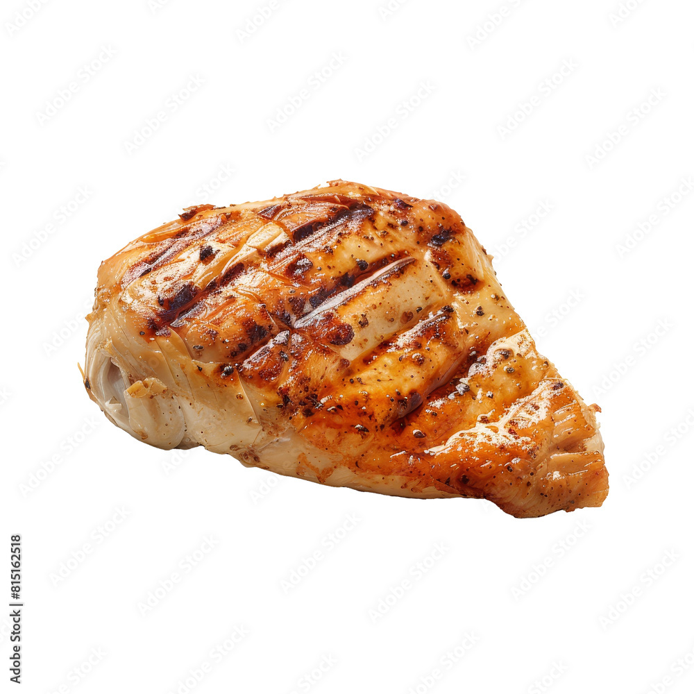 A piece of grilled chicken breast placed on a clean white surface, one piece of large quarter-cooked chicken breast isolated on transparent background A piece of grilled chicken breast placed on a clean white surface, one piece of large quarter-cooked chicken breast isolated on transparent background
