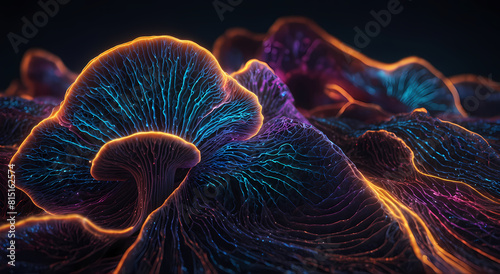 Futuristic fluorescent glowing mushroom. Surreal background. Generative Ai.