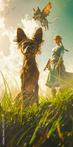 Wallpaper Mural Sunlit Field with Dog, Fairy, and Woman in Fantasy Setting Torontodigital.ca