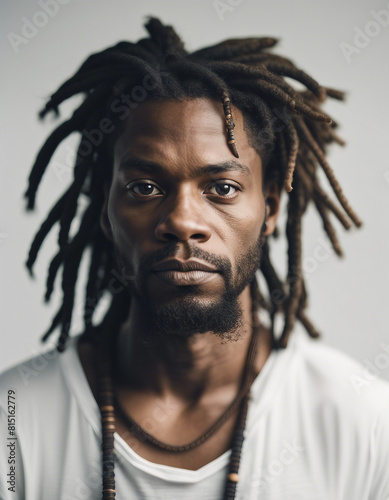 portrait of an African American hippie man in a white t-shirt and dreadlocks, isolated white background 