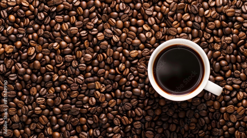 Fresh roasted coffee beans background with cup of coffee and copy space for text Fresh roasted coffee beans background with cup of coffee and copy space for text